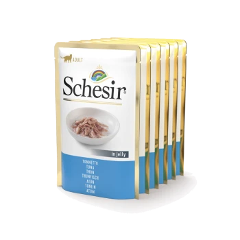 Schesir Erwachsenen-Katzenfutterbeutel in Gelee, mit Thunfisch, mit einer weißen Schüssel mit zerkleinertem Fleisch auf der Vorderseite.