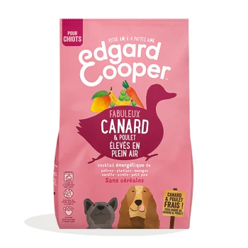 Sac de nourriture pour chiots par "Edgard Cooper", avec un fond rose, mettant en avant des ingrédients de canard, de poulet et de légumes.