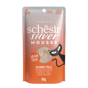 Schesir Silver Mousse grain-free salmon and chicken cat food pouch for senior cats 11+, 80g, with black cat illustration.
