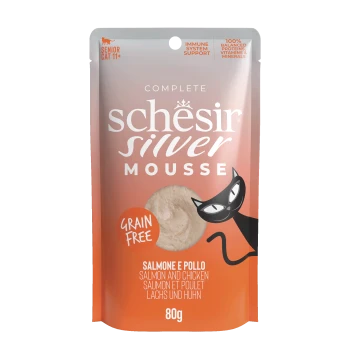 Schesir Silver Mousse grain-free salmon and chicken cat food pouch for senior cats 11+, 80g, with black cat illustration.