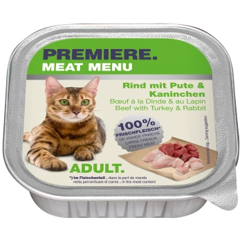 Meat Menu Adult Rind mit Pute und Kaninchen 16x100 g Verpackung für Katzenfutter mit einer Bengal-Katze, beschriftet mit "Premiere Meat Menu," mit Rind, Truthahn und Kaninchen für erwachsene Katzen.
