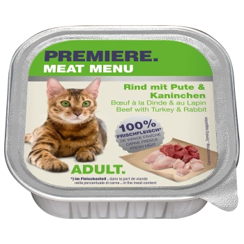 Opakowanie karmy dla kotów z bengalskim kotem, oznaczone "Premiere Meat Menu," zawierające wołowinę, indyka i królika dla dorosłych kotów.