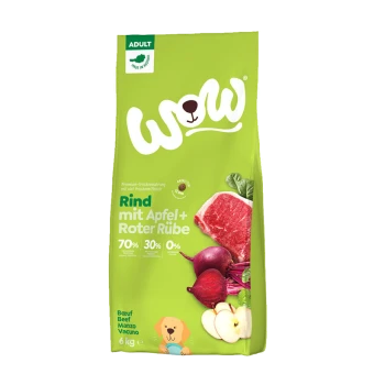 Grüne Tüte mit Hundefutter, beschriftet mit "WOW," die Rindfleisch, Apfel und Rote Beete enthält, mit 70% Rindfleisch, 30% Gemüse und 0% Getreide.