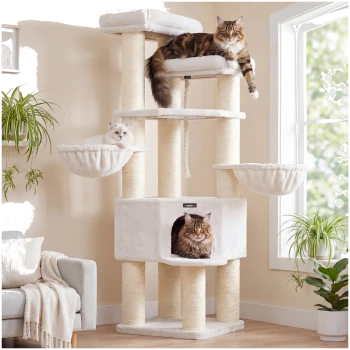 Cremefarbener Kratzbaum im Wohnzimmer mit drei Katzen: oberes Aussichtsbrett, Hängematte und Höhle (kleines Logo an der Höhle); Pflanzen und Fenster.