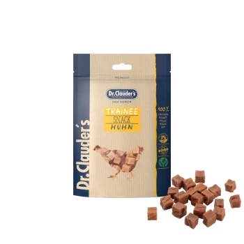 Dr. Clauder's Trainee Snack Huhn Haustierleckerlipackung mit kleinen, würfelförmigen Huhnsnacks, mit einer Hühnergrafik und dem Etikett '100% Huhn'.