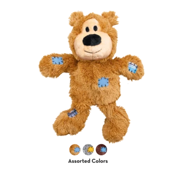 Jouet peluche ours marron avec accents de patchs bleus et nez noir ; nuanciers de couleurs et texte « Assorted Colors » en dessous.