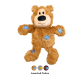 Brauner Plüschbär als Haustierspielzeug mit blauen Flickenakzenten und schwarzer Nase; Farbmuster und Text 'Assorted Colors' darunter