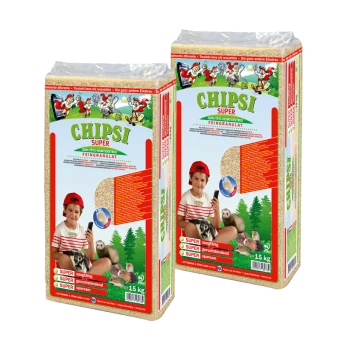 Dwie torby CHIPS! Super jakość podłoża dla zwierząt, z rysunkowym wzorem i obrazkami małych zwierząt, każda ważąca 15 kg.