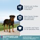 Ein Rottweiler auf einem Schotterweg mit Text über Protein, Beta-Carotin, L-Carnitin und Taurin für die Gesundheit. Geeignet für Rottweiler ab 1 Jahr.