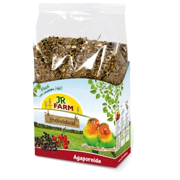 Eine Tüte JR FARM Vogelfutter für Agaporniden, die zwei Liebesvögel auf einem Ast zeigt und Frische sowie Zutaten hervorhebt.