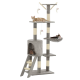 Ein mehrstöckiger Katzenbaum mit drei Katzen, die auf verschiedenen Plattformen entspannen, mit einem gemütlichen Versteck, Kratzpfosten und hängenden Spielzeugen.