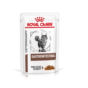 Royal Canin Veterinär Gastrointestinal Katzenfutterbeutel mit einer grauen getigerten Katze, beschriftet mit 'Dünne Scheiben in Soße.'