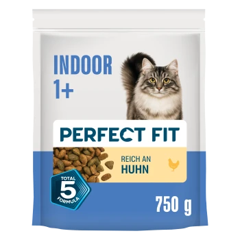 Perfect Fit Indoor 1+ Katzenfuttertüte, 750 g – 'Reich an Huhn' (reich an Huhn), Krokettenbild und Katzenfoto.
