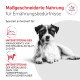 Kleiner schwarz-weißer Hund liegend; deutscher Text 'Maßgeschneiderte Nahrung für Ernährungsbedürfnisse', 'VETERINÄRE ERNÄHRUNG'-Logo.