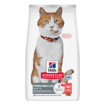 Hill's Science Plan 'Sterilised' Katzenfuttertüte mit orange-weißem Katzenbild, Text "3 essential benefits" und "with salmon"