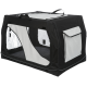 Transporteur/caisse souple rectangulaire noir et gris pour animaux avec fenêtres en filet, dessus zippé et poche de rangement latérale.