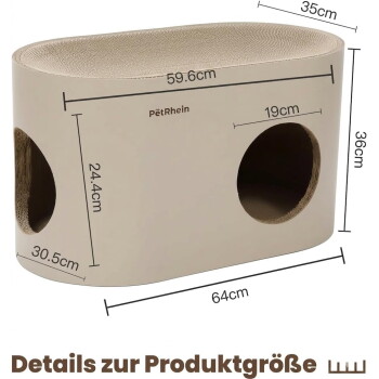 Beige ovaler Katzen-Kratz- und Schlafplatz mit Markenname auf der Vorderseite, graue Katze oben, orangefarbene Katze schaut aus einem seitlichen Loch.