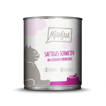 Eine Dose Mjamjam Katzenfutter mit einer Katzen-Silhouette, beschriftet mit "Saftiges Schwein an leckeren Möhrchen," zeigt getreidefreie und hohe Fleisch-Icons.