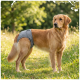 Golden Retriever trägt eine graue Hundewindel und steht auf einer sonnenbeschienenen Wiese.