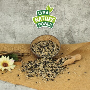 Verschüttetes gemischtes Vogelfutter in einer Kokosschale und einer Holzschaufel auf Jute, dekorative Blume; Logo mit der Aufschrift 'LYRA NATURE POWER'.
