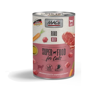 Dosenkatzenfutter mit der Aufschrift "MAC's Super Food for Cats", mit Rindfleisch und Karotten, mit dem Anspruch, getreidefrei und mit hohem Fleischanteil zu sein.