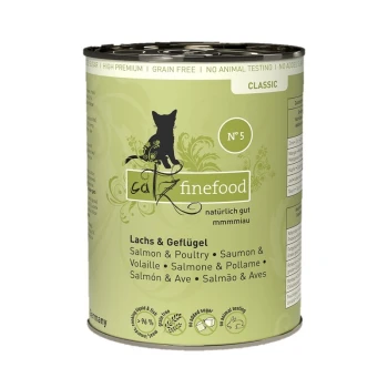 Nassfutter Katze Classic Adult No. 5 Lachs 6x400 g Catz finefood Dose, beschriftet mit "N° 5," mit Lachs und Geflügel. Der Text enthält "natürlich gut mmmiau," getreidefrei und keine Tierversuche.