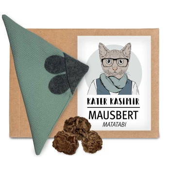 Grünes strukturiertes Katzenspielzeug mit Filzohren und Pfotenabdrücken, getrocknetem Matatabi und Verpackung mit der Aufschrift „Kater Kasimir Mausbert Matatabi“.
