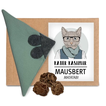Grünes strukturiertes Katzenspielzeug mit Filzohren und Pfotenabdrücken, getrocknetem Matatabi und Verpackung mit der Aufschrift „Kater Kasimir Mausbert Matatabi“.