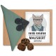 Grünes strukturiertes Katzenspielzeug mit Filzohren und Pfotenabdrücken, getrocknetem Matatabi und Verpackung mit der Aufschrift „Kater Kasimir Mausbert Matatabi“.