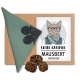 Grünes strukturiertes Katzenspielzeug mit Filzohren und Pfotenabdrücken, getrocknetem Matatabi und Verpackung mit der Aufschrift „Kater Kasimir Mausbert Matatabi“.