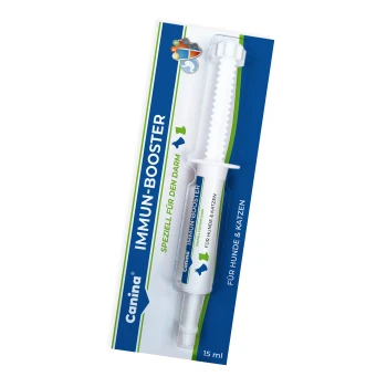 Immune Booster Paste 15 ml Canina Immun-Booster voor honden en katten, 15 ml spuit, met de tekst "SPEZIELL FÜR DEN DARM" op de verpakking.
