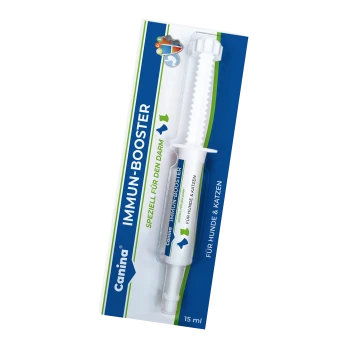 Canina Immun-Booster voor honden en katten, 15 ml spuit, met de tekst "SPEZIELL FÜR DEN DARM" op de verpakking.