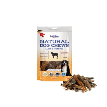 Lammpansen 500 g Verpackung von natürlichen Hundekauartikeln aus Lamm-Magen mit einem Hund auf der Vorderseite, mit dem Text "100% Natürlich, rein luftgetrocknet" und verschiedenen Zertifizierungen.