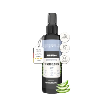 Alphazoo Sensibelchen Sprühflasche für empfindliche Haustierhaut mit Aloe Vera, natürlicher Formel und fachmännisch entwickelter Pflege.