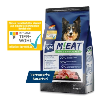Beutel M!EAT Erwachsenen-Hundefutter mit Huhn, mit Bild eines glücklichen Hundes, Proteingehalt und deutschen Qualitätssiegeln.
