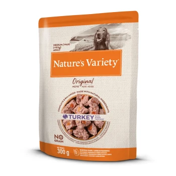 Nature's Variety Original hondenvoer, kalkoensmaak, 300g verpakking, met een textuurontwerp en een hondenafbeelding bovenaan.