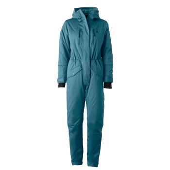 Ein türkisfarbener einteiliger Winteroverall mit Kapuze, ausgestattet mit Reißverschlusstaschen und elastischen Bündchen, vor einem weißen Hintergrund präsentiert.