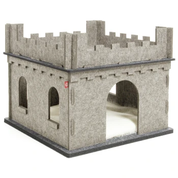 Filz Katzenburg Felty Fort beige Graues Filzhaustier-Schloss mit Türmen und gewölbten Eingängen, mit einem weichen weißen Innenbett.