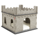 Graues Filzhaustier-Schloss mit Türmen und gewölbten Eingängen, mit einem weichen weißen Innenbett.