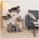 Ein gemütliches Wohnzimmer mit einem mehrstöckigen Katzenbaum und drei schildpattfarbenen Katzen: eine oben, eine in einem Korb und eine in einem Versteck.