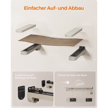 Wandmontiertes Katzenregal mit einer beigen Kratzfläche und einfachen Montagefunktionen, beschriftet mit "Einfacher Auf- und Abbau."