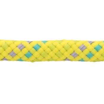 Heller geflochtener Haustierspielzeug in Gelb, Türkis und Grau, entworfen für interaktives Spielen.