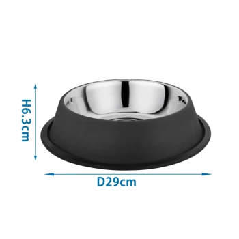 Edelstahl-Haustierschüssel mit schwarzem Gummiboden, Maße H6,3 cm und D29 cm, entworfen, um ein Verrutschen zu verhindern.