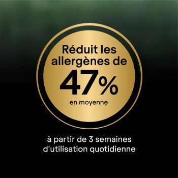 Badge doré : « Réduit les allergènes de 47% en moyenne » ; en dessous : « à partir de 3 semaines d'utilisation quotidienne ».