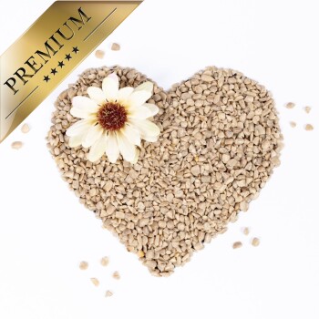 Eine herzförmige Anordnung kleiner beiger Samen mit einer weißen Blume oben, mit einem goldenen "PREMIUM"-Banner in der Ecke.