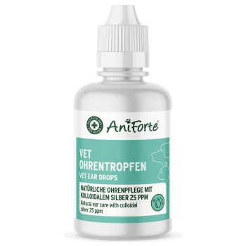 Flasche AniForte Vet Ohrentropfen mit einem weißen Deckel, grün-weißer Etikett mit der Aufschrift "Natürliche Ohrpflege mit kolloidalem Silber 25 ppm."