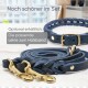 Navy-blaues geflochtenes Hundeleinen- und Halsbandset, das auf einer hellen Oberfläche präsentiert wird, mit Text, der auf eine optionale passende Leine hinweist.