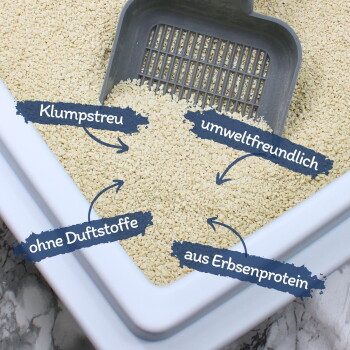 Katzenstreu in einer weißen Box mit einer grauen Schaufel, mit Textetiketten: "Klumstreu", "umweltfreundlich", "ohne Duftstoffe" und "aus Erbsenprotein."