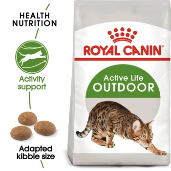 Royal Canin Active Life Outdoor cat food bag featuring a Bengal cat illustration, with text highlighting "Health Nutrition" and "Activity support."