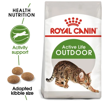 Royal Canin Active Life Outdoor cat food bag featuring a Bengal cat illustration, with text highlighting "Health Nutrition" and "Activity support."